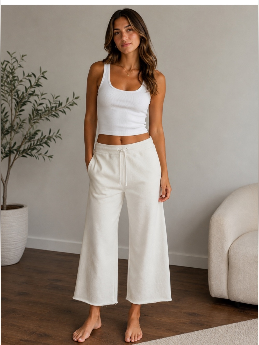 Nili Lotan Kiki Sweatpant Wide Leg Cropped Chalk Light Khaki Size Medium - Picture 1 of 5